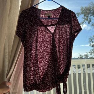 Maroon printed faux wrap top.